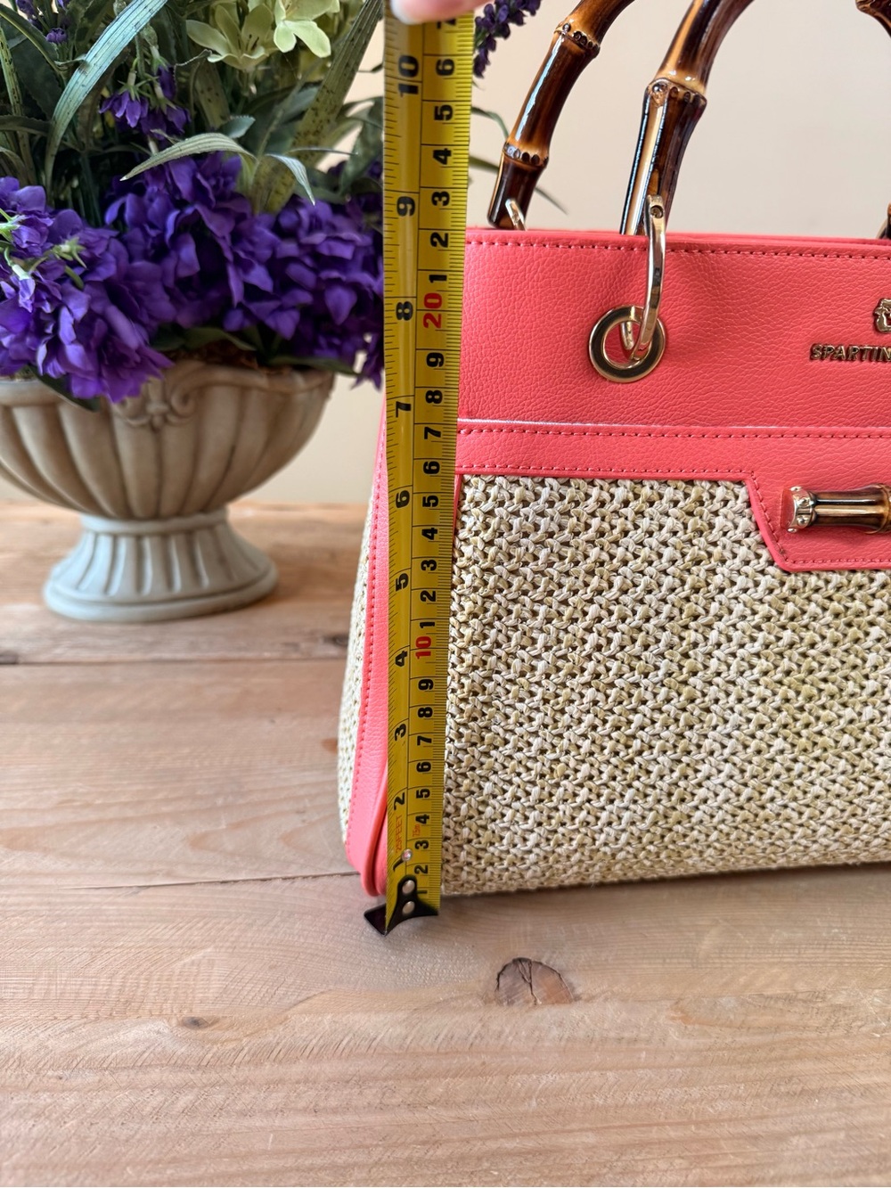 Spartina 449 Coral Woven Bamboo Handle Tote & Matching Wallet Set EUC - Picture 15 of 16